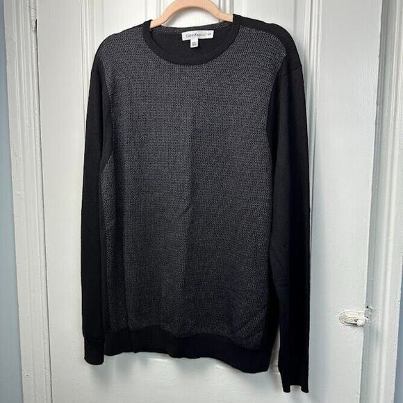 Calvin Klein Sweater Mens XL Black Gray Merino Wool Long Sleeve Crew Neck - Picture 1 of 5